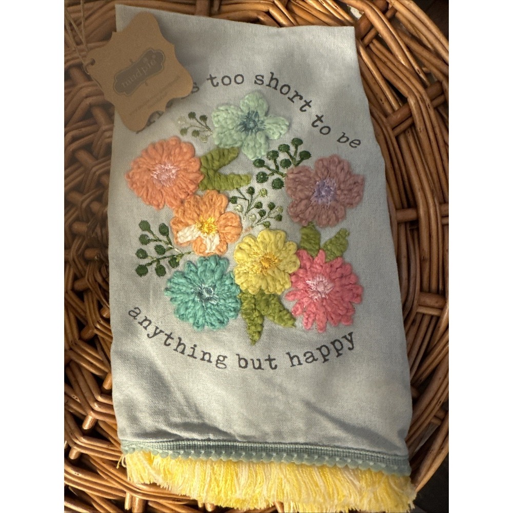 Mud Pie Life Short Floral Embroidered Towel BRAND NEW with tags